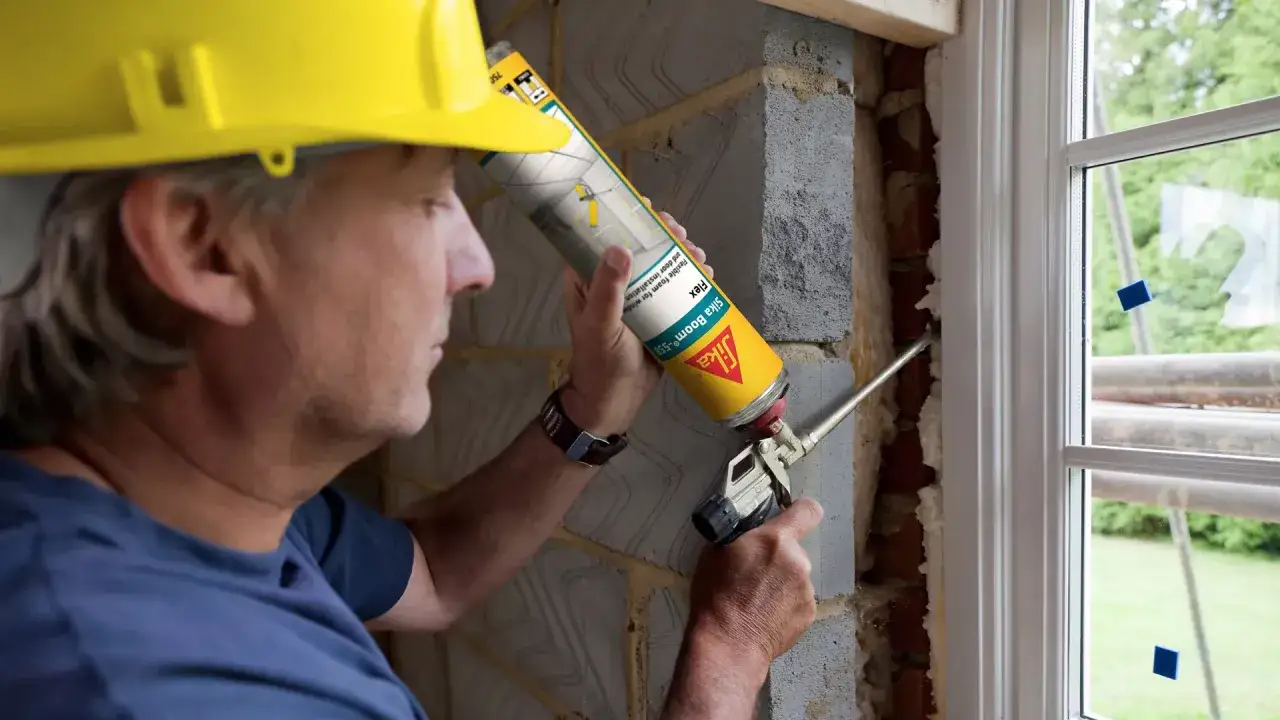 Obrero con casco amarillo aplica poliuretano expandido en el marco de una ventana.