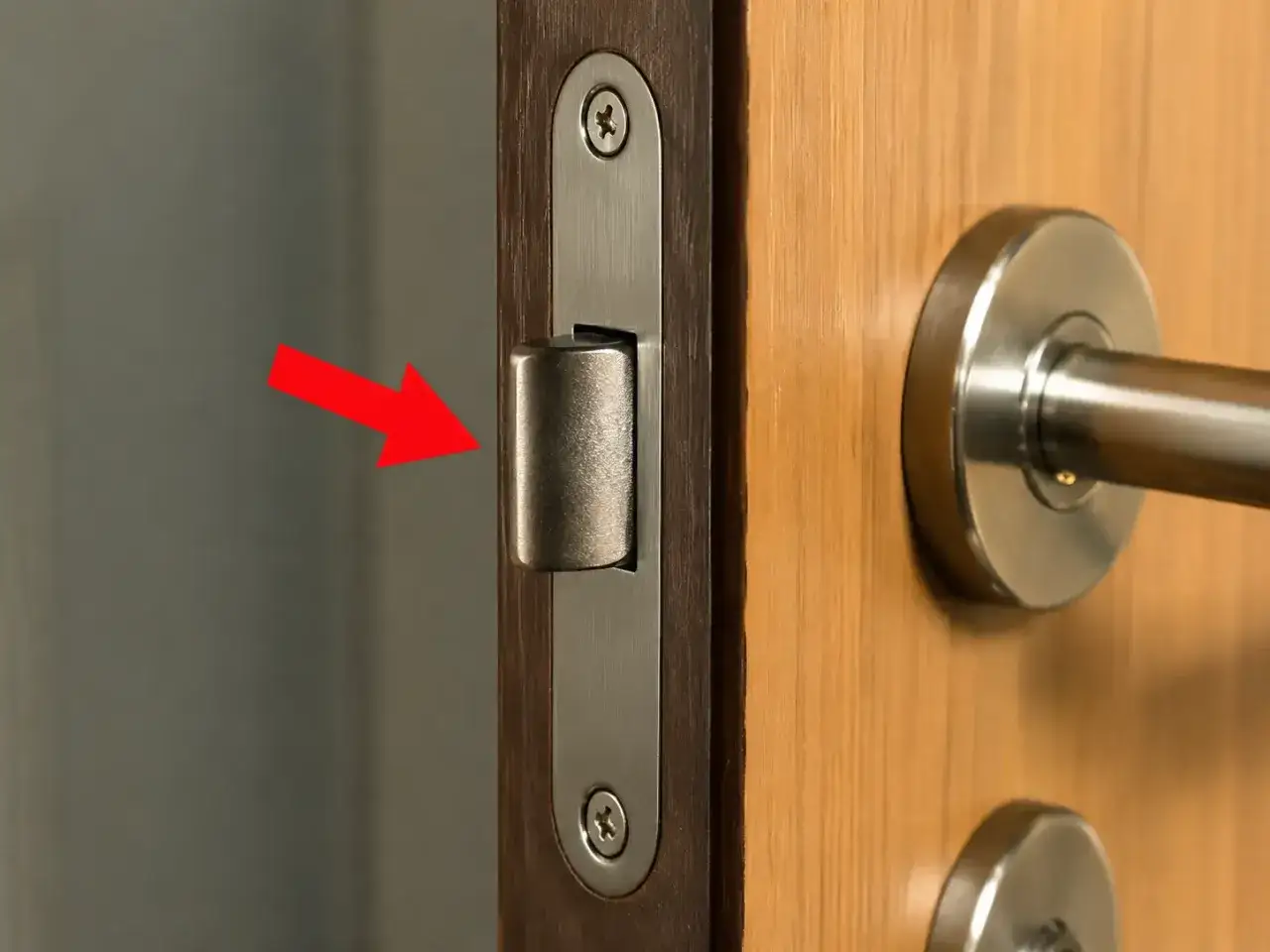 Flecha roja apunta al pestillo de una puerta, clave para saber como abrir una puerta cerrada.