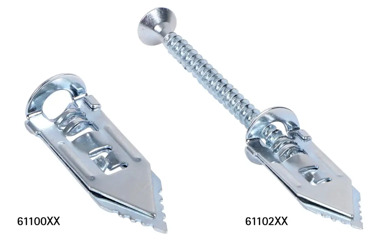 Dos anclajes met&aacute;licos para pladur. Uno solo y otro con tornillo. Ideales para saber cuanto peso aguanta el pladur.