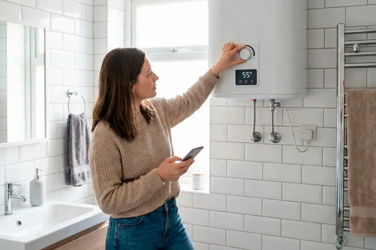 Mujer ajustando el termostato de un termo eléctrico mientras revisa su móvil. Mantenimiento termo eléctrico eficiente.
