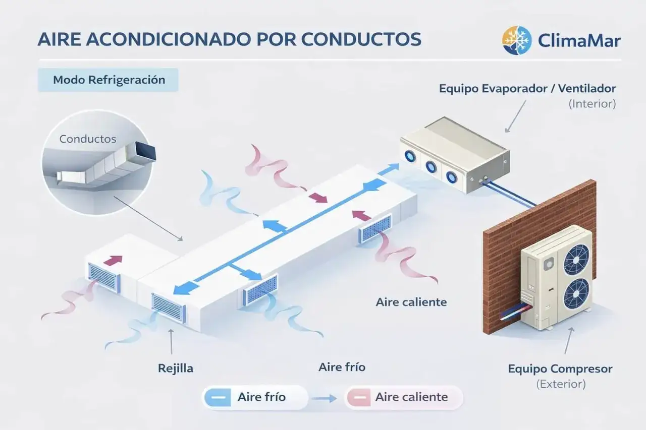 Diagrama de climatización por conductos en modo refrigeración. Muestra el flujo de aire frío y caliente a través de conductos, rejillas y equipos interior y exterior.