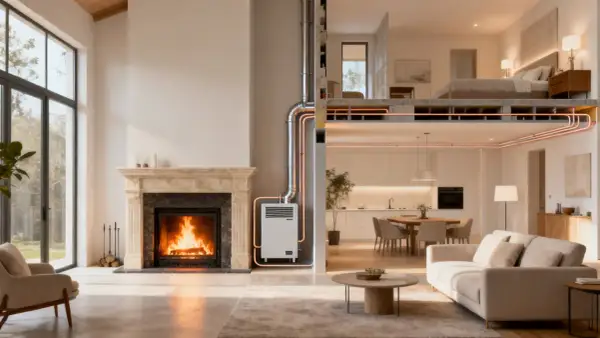 Sistema de calefacción que permite aprovechar calor tubo chimenea para calentar toda la casa, desde el salón hasta el dormitorio.