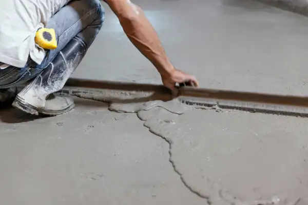 Obrero con botas y cinta métrica trabajando en como nivelar un suelo de cemento con una regla de albañil.