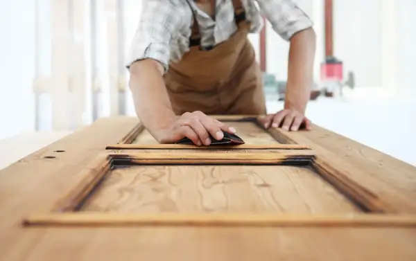 Carpintero lijando una puerta de sapelly para modernizarla, revelando la veta de la madera.