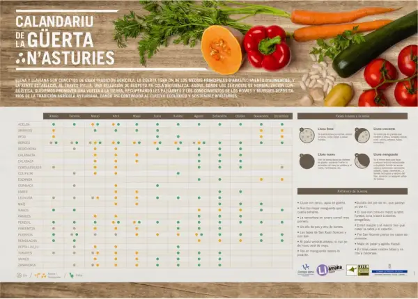 Calendario siembra huerto: puntos verdes indican siembra, naranjas trasplante, grises recolección. Verduras y meses.