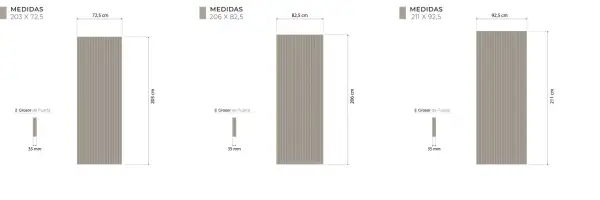 Diagrama muestra cómo hacer puerta con listones de madera. Tres opciones de medidas: 203x72.5, 206x82.5 y 211x92.5 cm. Grosor de puerta 35 mm.