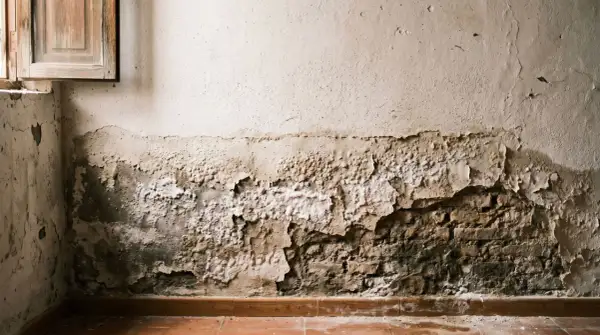 Pared con pintura descascarada y ladrillos expuestos, mostrando cómo eliminar la humedad que brota del suelo.