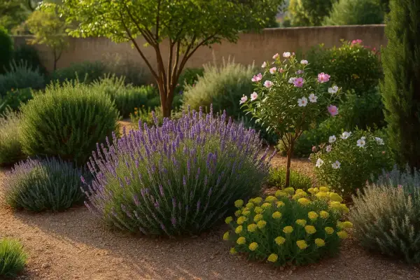 Jardín con lavanda, arbustos verdes y flores rosadas y amarillas. Un oasis de plantas de exterior en Madrid.