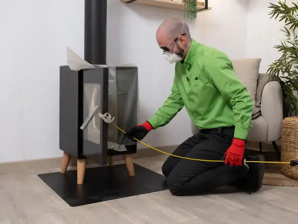 Hombre con mascarilla y guantes rojos realiza la tarea de deshollinar chimenea, usando una herramienta para limpiar el interior.