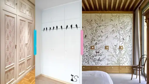 Armarios empotrados con diseños florales y de pájaros. Ideas para forrar armario empotrado con estilo.