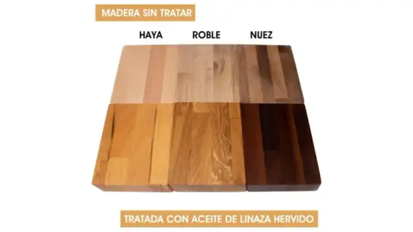 Maderas de haya, roble y nuez sin tratar y tratadas con aceite de linaza hervido, mostrando el antes y el después.