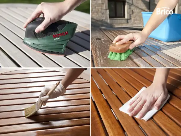 Pasos para tratar la madera para exterior: lijar, lavar con cepillo, aplicar protector con brocha y secar con paño.