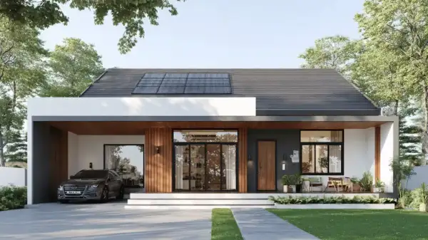 Moderna casa autosuficiente con paneles solares en el tejado, garaje para un coche y un porche acogedor con plantas.