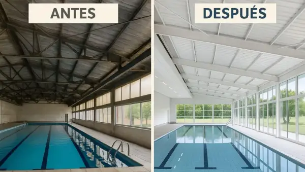 Transformación de una piscina interior: antes, un espacio oscuro y deteriorado; después, luminoso y moderno, listo para nadar.