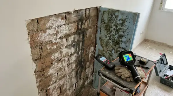 Herramientas para diagnosticar y como aislar una pared de la humedad: medidor de humedad, cámara térmica y guantes sobre una pared de ladrillo con moho.
