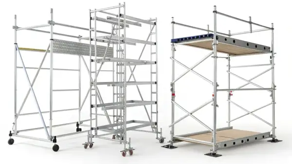 Tres tipos de andamios modulares de aluminio, listos para cualquier proyecto de construcción o mantenimiento.
