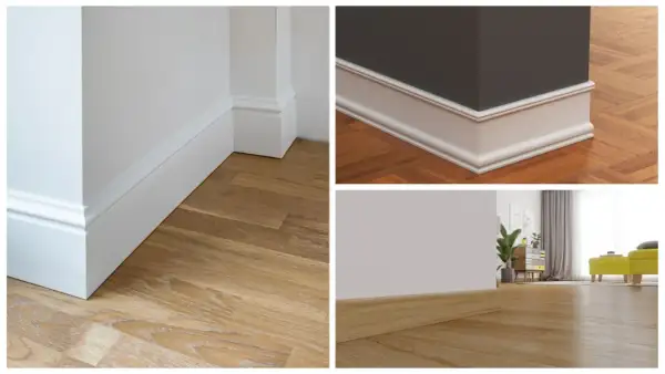 Detalles de rodapié blanco y suelo de madera en diferentes estilos.